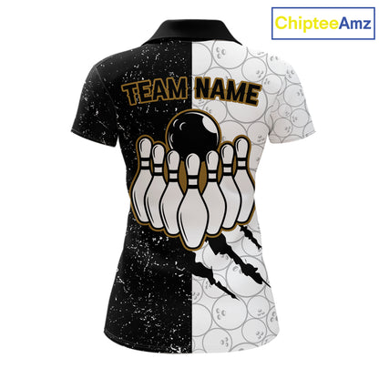Custom Grunge Black White Bowling Shirt For Women, Bowling Tournament Team Shirt Polo & 1/4 Zip TDM6271