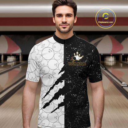 Custom Grunge Black White Bowling Shirt For Men, Bowling Tournament Team Shirt Polo & 1/4 Zip TDM6271