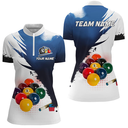 3D 9 Ball Pool Billiard Jerseys Women Polo & Quarter-Zip Shirts Custom Billiard Team Shirts |Blue TDM2157