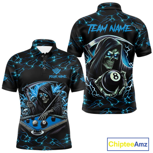 Blue Funny Grim Reaper 8 Ball Pool Men Billiard Shirts Custom Name Lightning Billiard Jerseys TDM2161