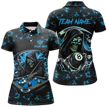 Load image into Gallery viewer, Blue Funny Grim Reaper 8 Ball Pool Women Billiard Shirts Custom Name Lightning Billiard Jerseys TDM2161