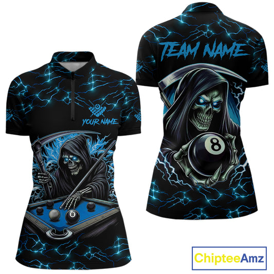 Blue Funny Grim Reaper 8 Ball Pool Women Billiard Shirts Custom Name Lightning Billiard Jerseys TDM2161