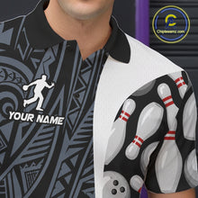 Load image into Gallery viewer, Close-up of a blue tribal bowling polo shirt collar, buttons, and tribal artwork.