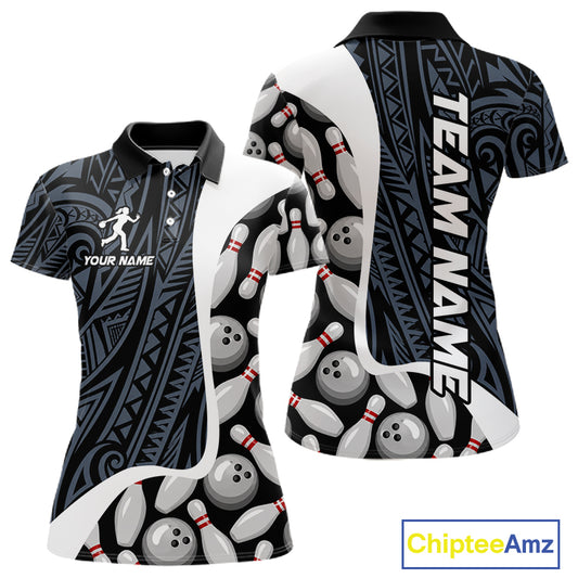 Blue tribal pattern bowling polo shirt for women with custom bowling team graphics.