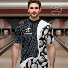 Load image into Gallery viewer, Man wearing a blue tribal pattern bowling quarter zip jersey during league competition front view.