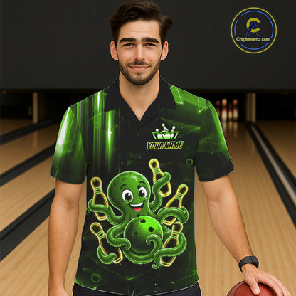 Man wearing green funny neon octopus bowling Hawaiian shirt front view.