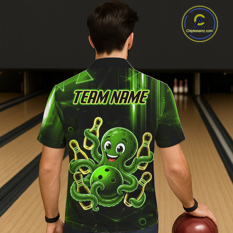 Man wearing green funny neon octopus bowling Hawaiian shirt back view.