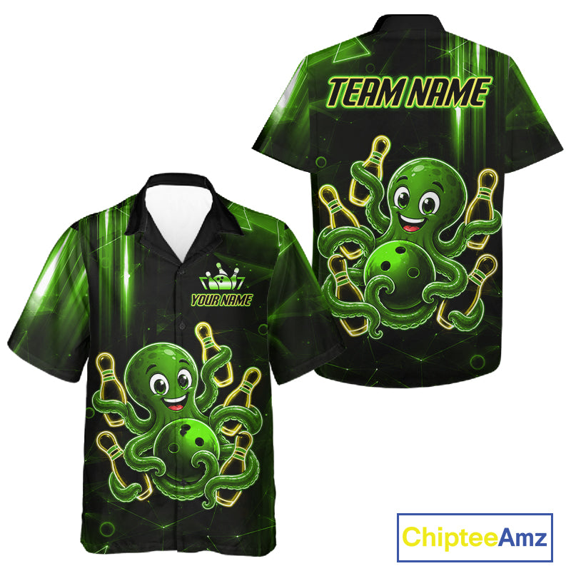 Green funny neon octopus bowling Hawaiian shirt front and back view for men and women, custom bowling league aloha shirt with colorful glowing octopus design.