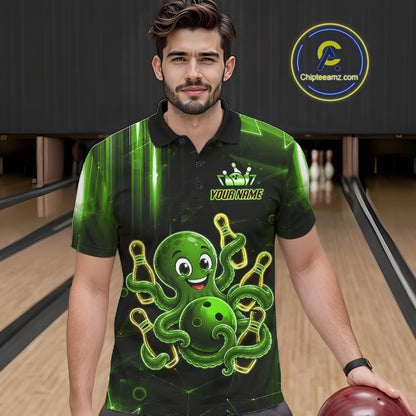 Man wearing green funny neon octopus bowling polo shirt front view.