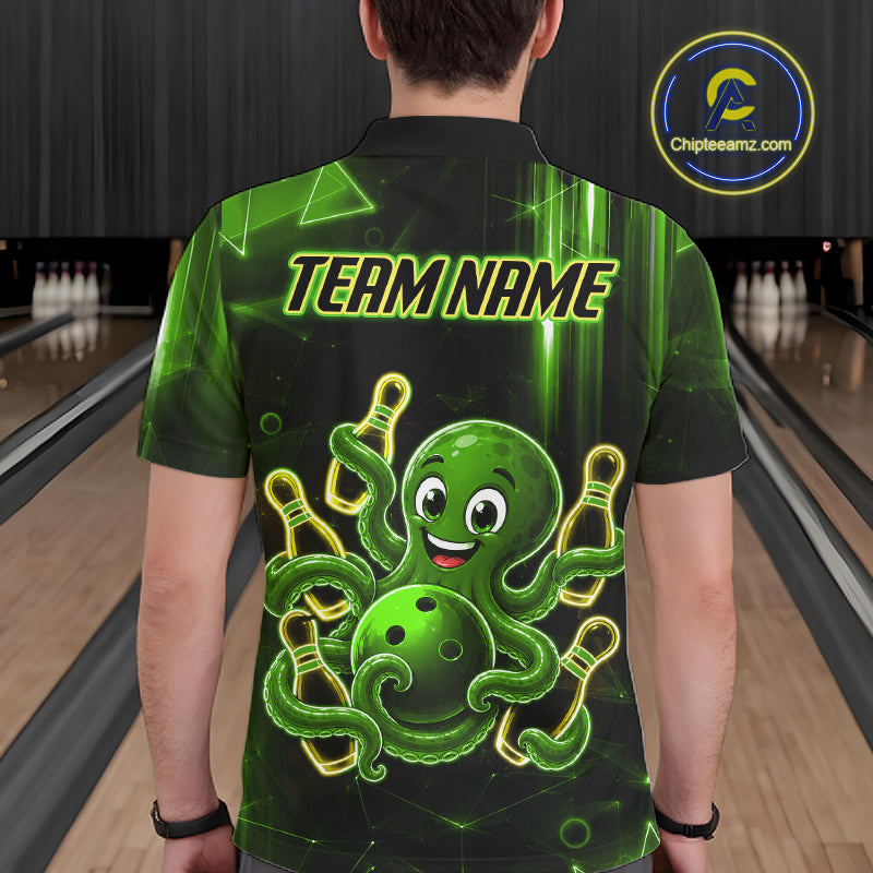 Man wearing green funny neon octopus bowling polo shirt back view.