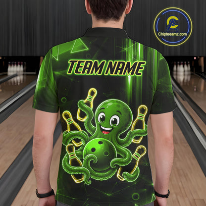 Man wearing green funny neon octopus bowling polo shirt back view.