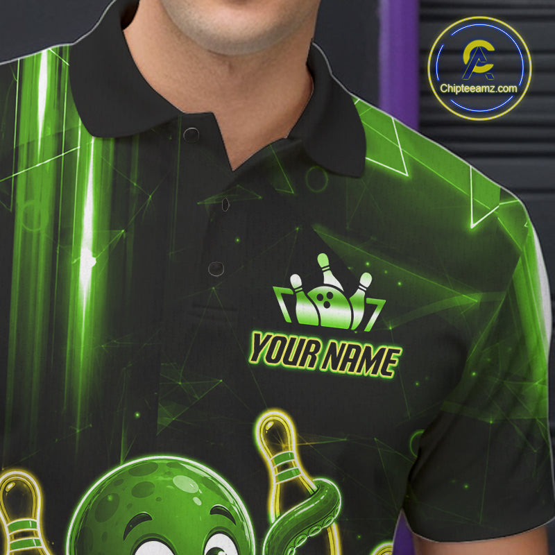 Close-up of the collar, buttons and chest detail on the green funny neon octopus bowling polo shirt for men.