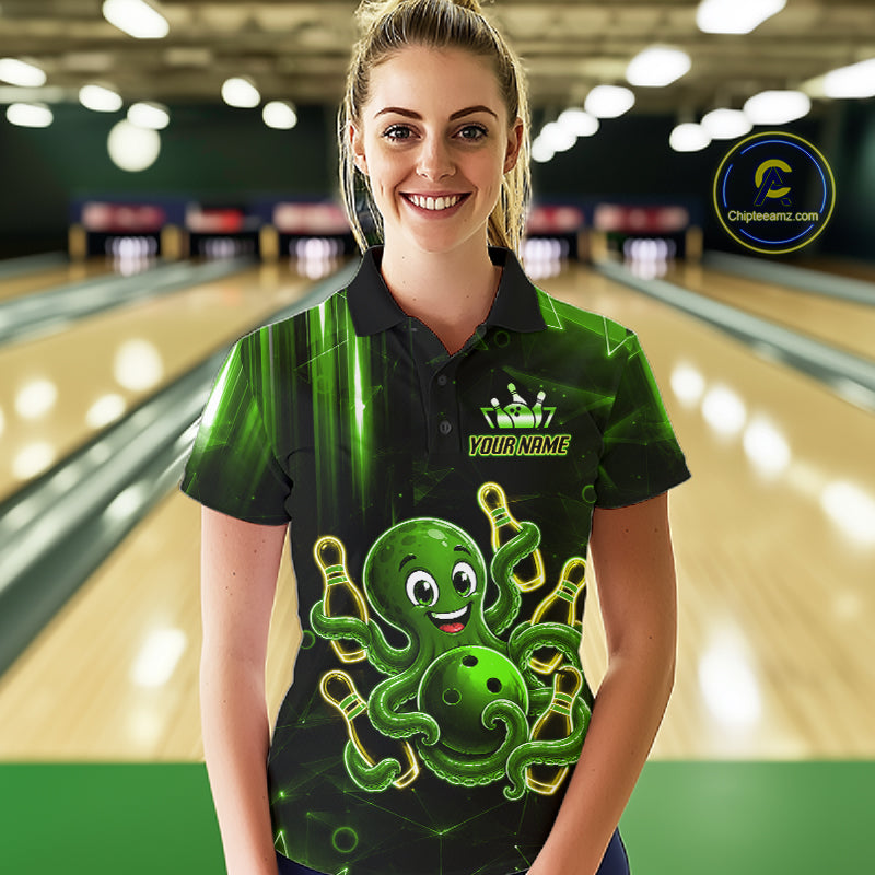 Woman wearing green funny neon octopus bowling polo shirt front view.