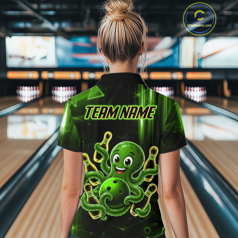 Woman wearing green funny neon octopus bowling polo shirt back view.
