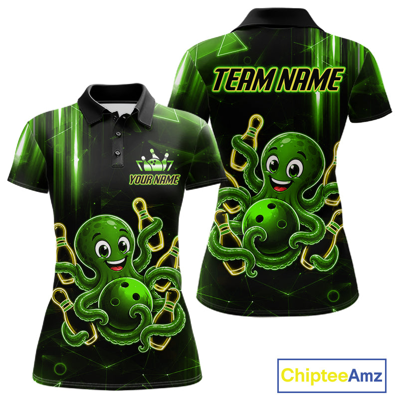 Green funny neon octopus bowling team jersey polo shirt for women, custom bowling league apparel with vibrant octopus design.