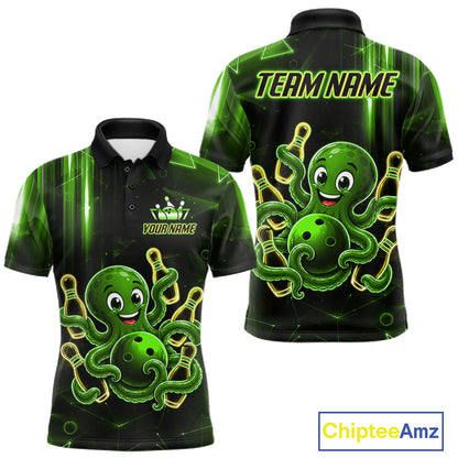 Green funny neon octopus bowling team jersey polo shirt for men, custom bowling league apparel with vibrant octopus design.