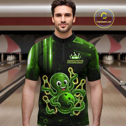 Man wearing green funny neon octopus bowling quarter zip shirt front view.