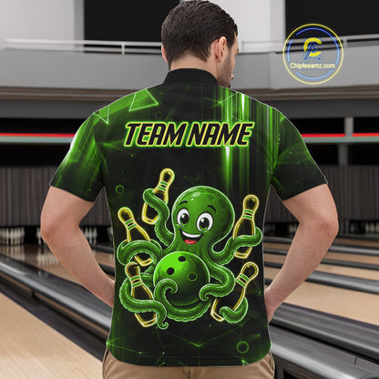 Man wearing green funny neon octopus bowling quarter zip shirt back view.