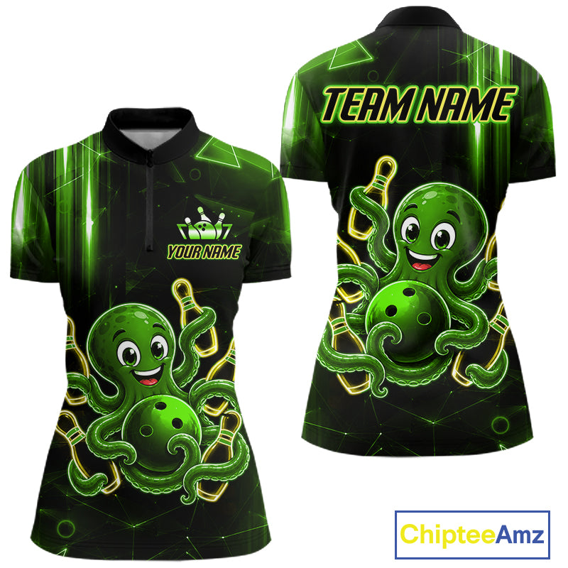 Green funny neon octopus bowling team quarter zip shirt for women, custom bowling league jersey with neon octopus artwork.