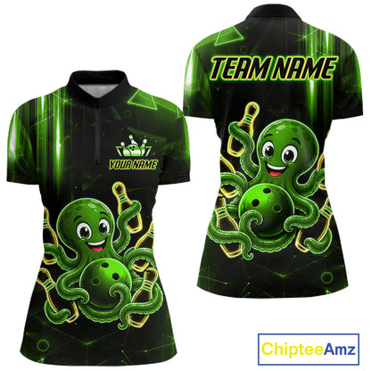 Green funny neon octopus bowling team quarter zip shirt for women, custom bowling league jersey with neon octopus artwork.