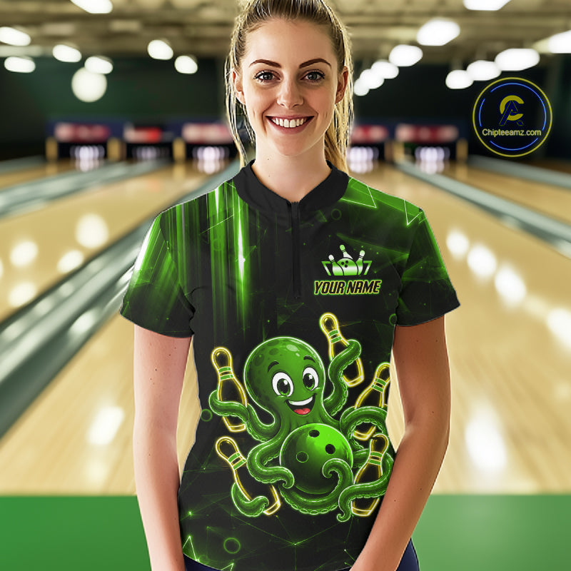 Woman wearing green funny neon octopus bowling quarter zip shirt front view.