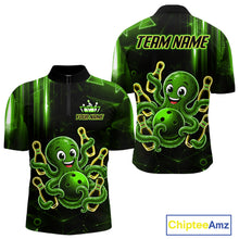 Load image into Gallery viewer, Green funny neon octopus bowling team quarter zip shirt for men, custom bowling league jersey with neon octopus artwork.