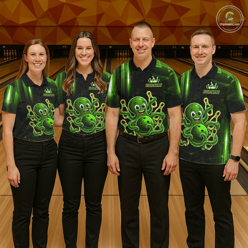 Bowling team wearing matching green funny neon octopus bowling jerseys front view.