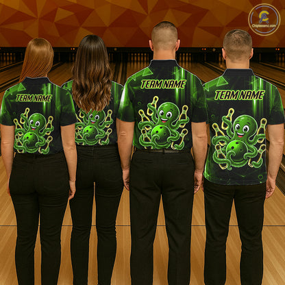 Bowling team wearing matching green funny neon octopus bowling jerseys back view.