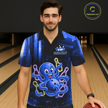 Man wearing red grim reaper thunder lightning bowling Hawaiian shirt front view.