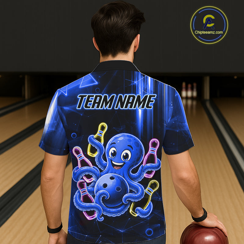 Man wearing red grim reaper thunder lightning bowling Hawaiian shirt back view.