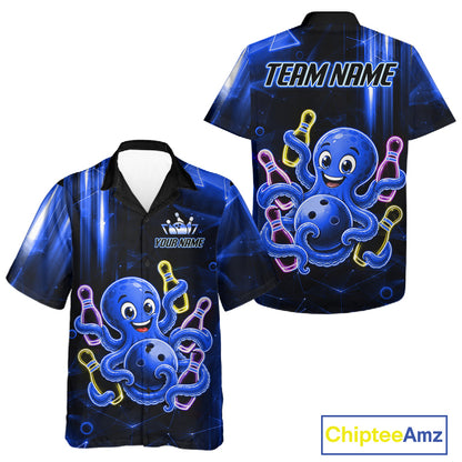 Red grim reaper thunder lightning bowling Hawaiian shirt front and back view for men and women, custom bowling league aloha shirt with skull and red lightning artwork.