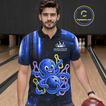 Man wearing blue funny neon octopus bowling polo shirt front view.