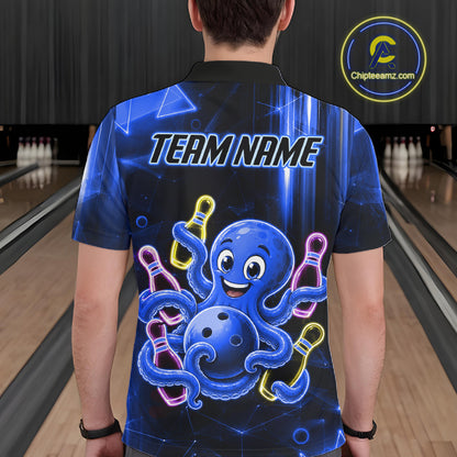 Man wearing blue funny neon octopus bowling polo shirt back view.