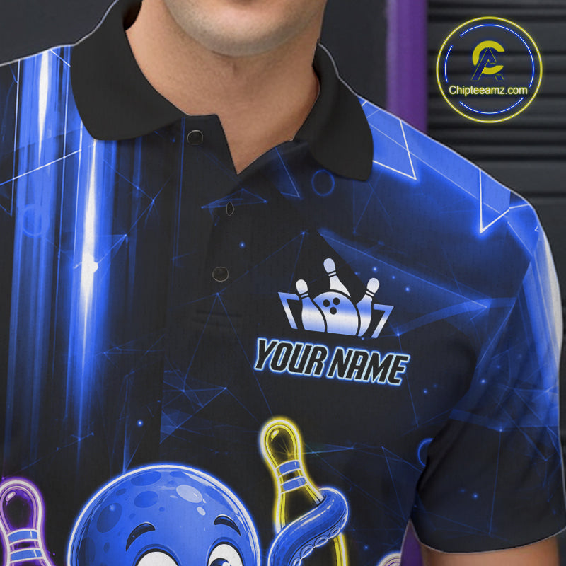 Close-up of the collar, buttons and chest detail on the blue funny neon octopus bowling polo shirt for men.