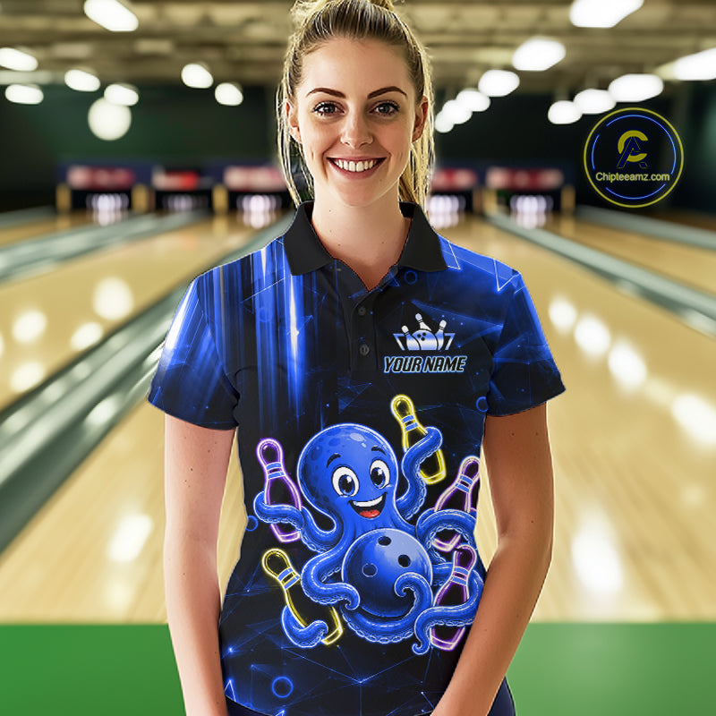 Woman wearing blue funny neon octopus bowling polo shirt front view.