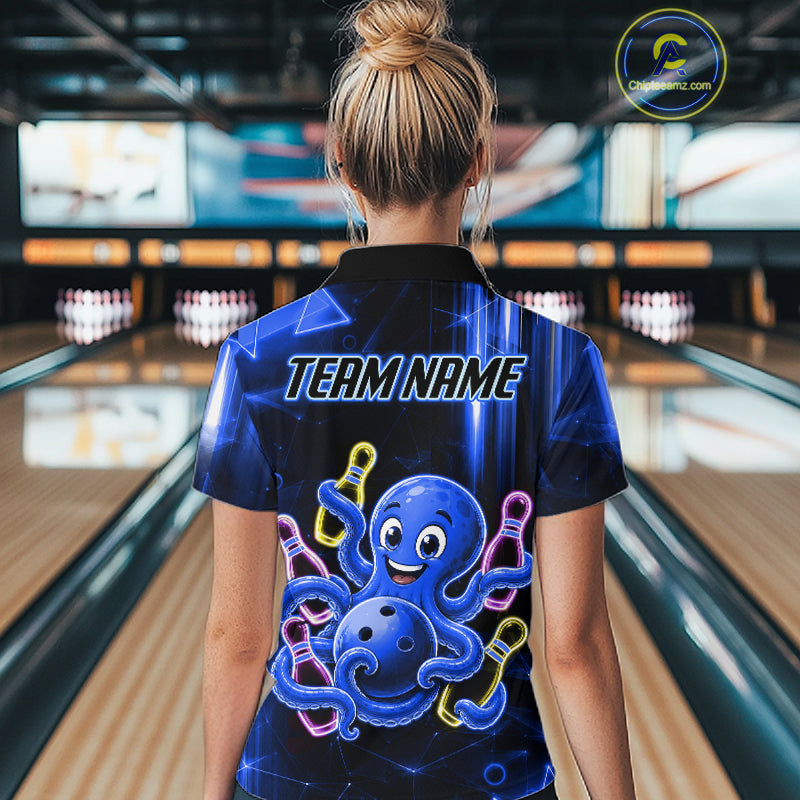 Woman wearing blue funny neon octopus bowling polo shirt back view.