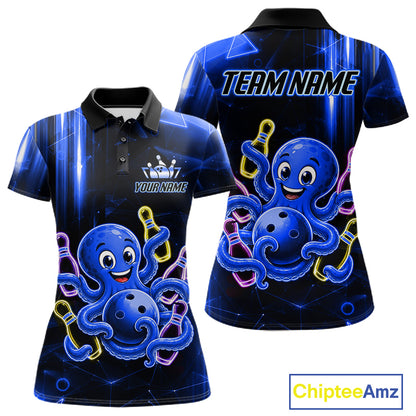 Blue funny neon octopus bowling team jersey polo shirt for women, custom bowling league apparel with vibrant octopus design.
