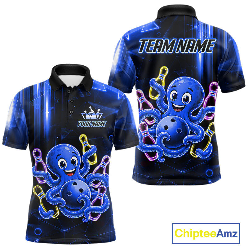Blue funny neon octopus bowling team jersey polo shirt for men, custom bowling league apparel with vibrant octopus design.