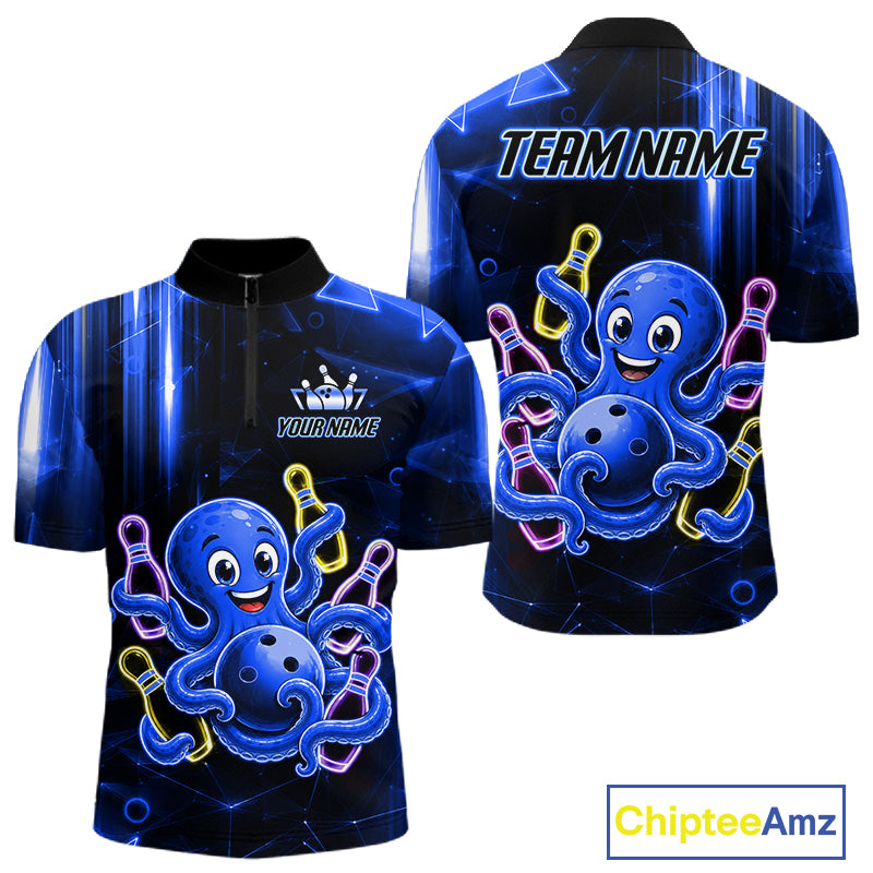 Blue funny neon octopus bowling team quarter zip shirt for men, custom bowling league jersey with neon octopus artwork.