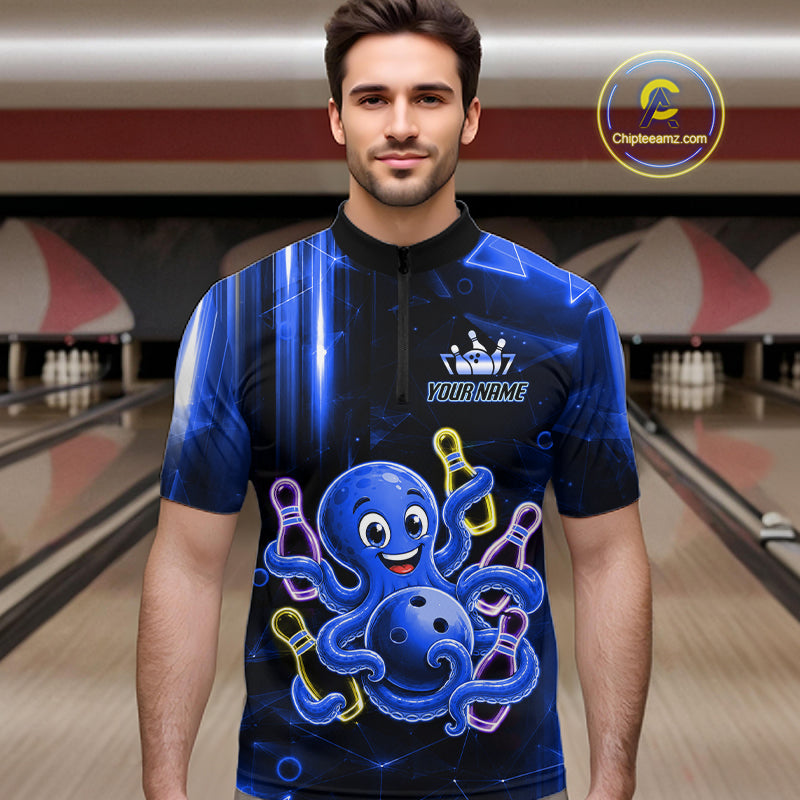 Man wearing blue funny neon octopus bowling quarter zip shirt front view.