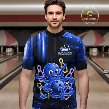 Man wearing blue funny neon octopus bowling quarter zip shirt front view.