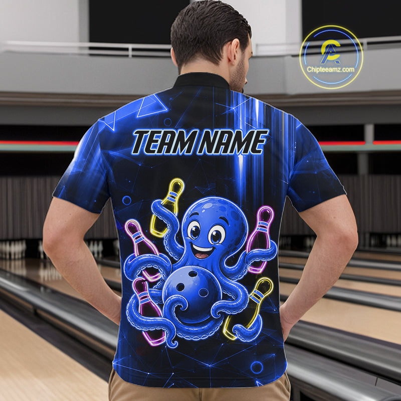 Man wearing blue funny neon octopus bowling quarter zip shirt back view.
