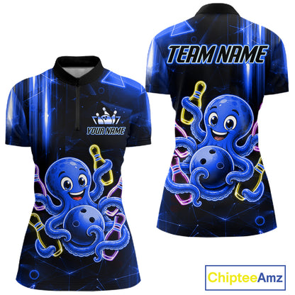 Blue funny neon octopus bowling team quarter zip shirt for women, custom bowling league jersey with neon octopus artwork.