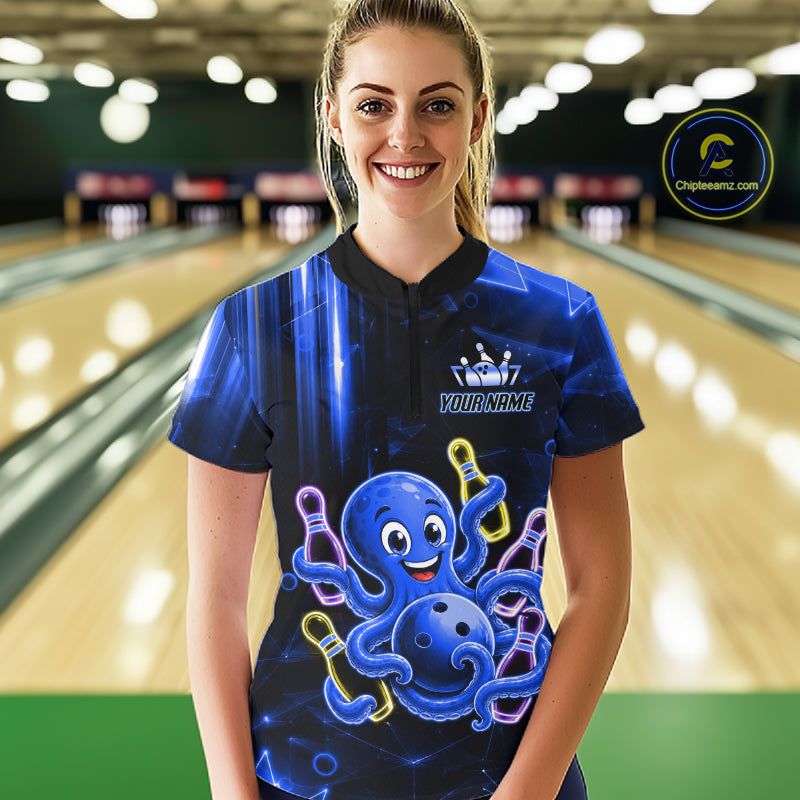 Woman wearing blue funny neon octopus bowling quarter zip shirt front view.