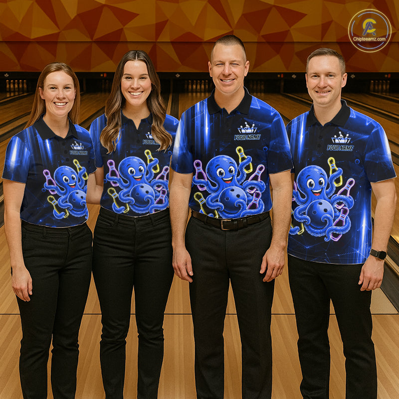 Bowling team wearing matching blue funny neon octopus bowling jerseys front view.