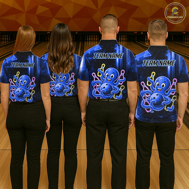 Bowling team wearing matching blue funny neon octopus bowling jerseys back view.