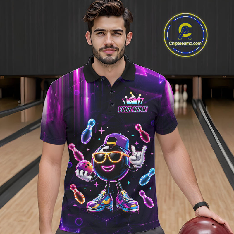 Man wearing funny neon bowling ball bowling polo shirt front view.