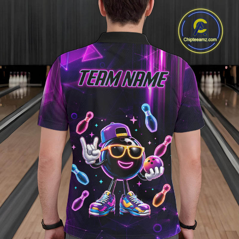 Man wearing funny neon bowling ball bowling polo shirt back view.