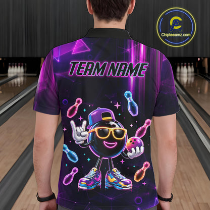 Man wearing funny neon bowling ball bowling polo shirt back view.