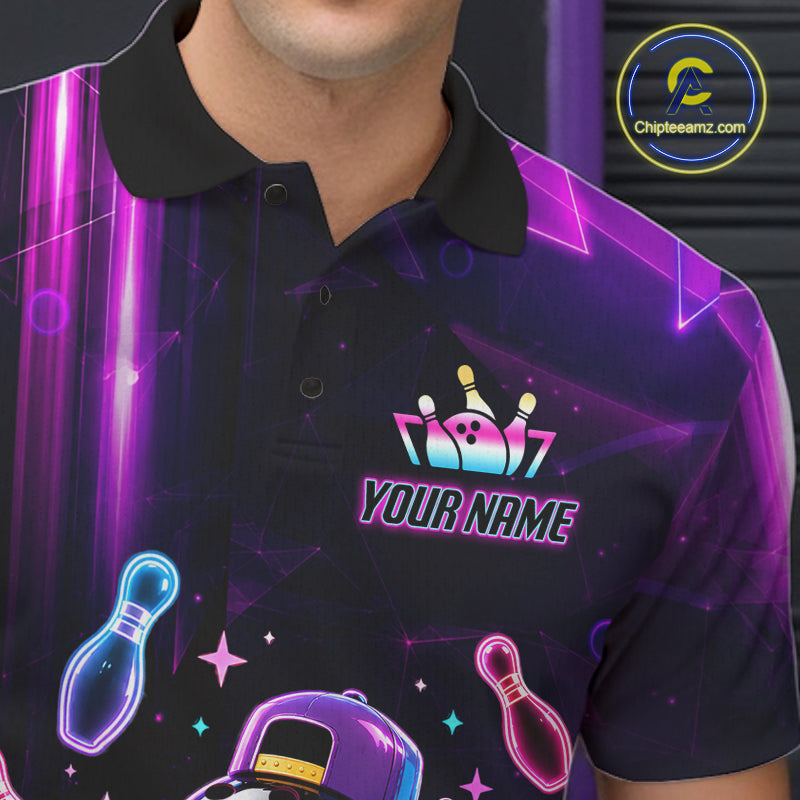 Close-up of the collar, buttons and chest detail on the funny neon bowling ball bowling polo shirt for men.